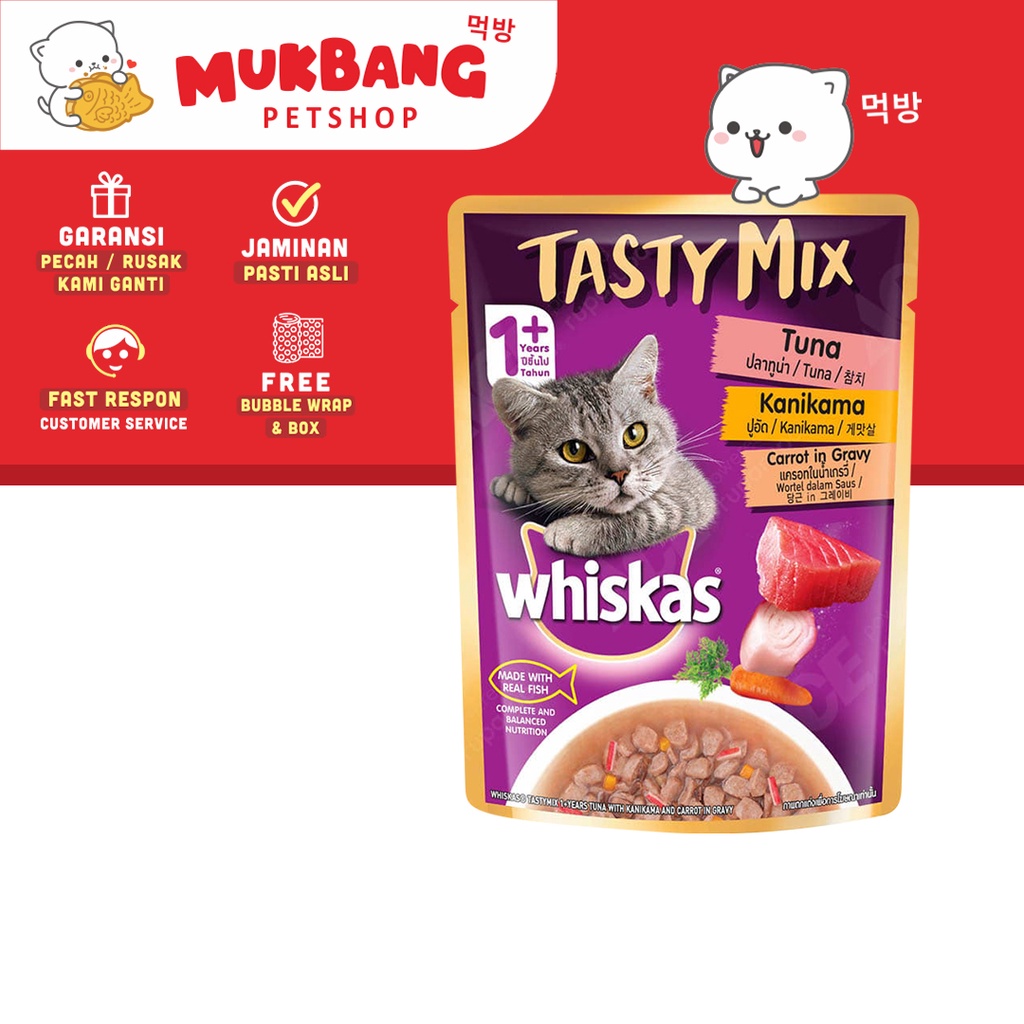 Whiskas Tasty Mix 70 Gram Snack Kucing Basah Cemilan Camilan Kucing Tuna Chicken Salmon Wiskas Sachet Pouch Cat Food Kucing