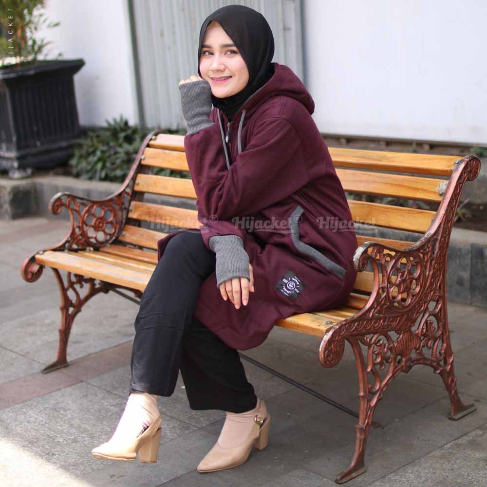 Jaket Jacket Wanita Cewek Cewe Hijaket Hijabers Muslimah Panjang Hoodie Hijacket Handsock ELK Ungu-2