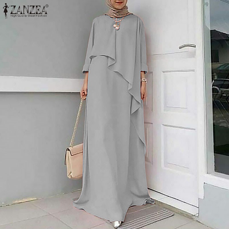 ZANZEA Women Solid Color Full Sleeve O Neck  Elegant Muslim Maxi Dress