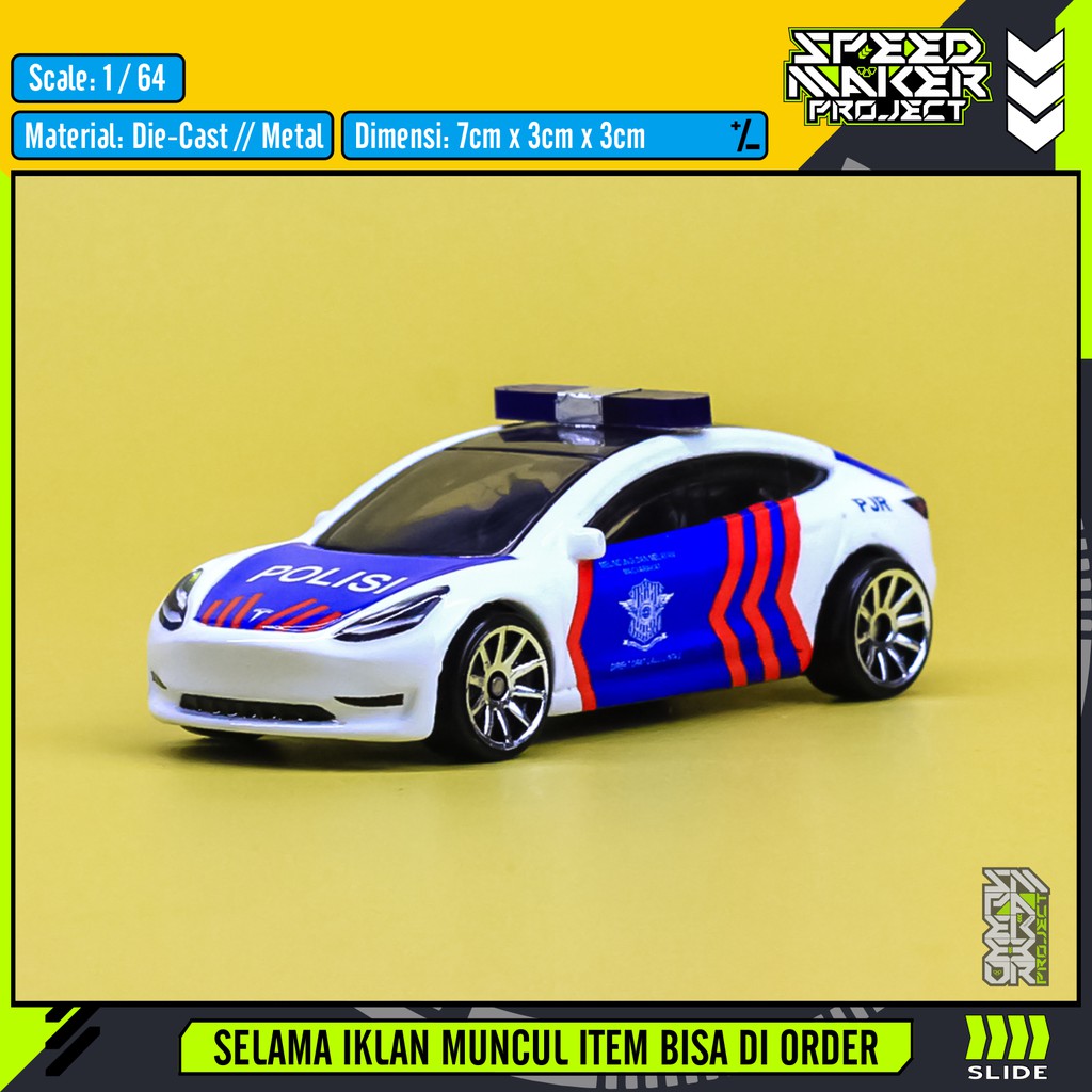 Hot Wheels Custom Tesla Model 3 Polisi Indonesia Patroli PJR Diecast Miniatur Replika Mobil 1/64