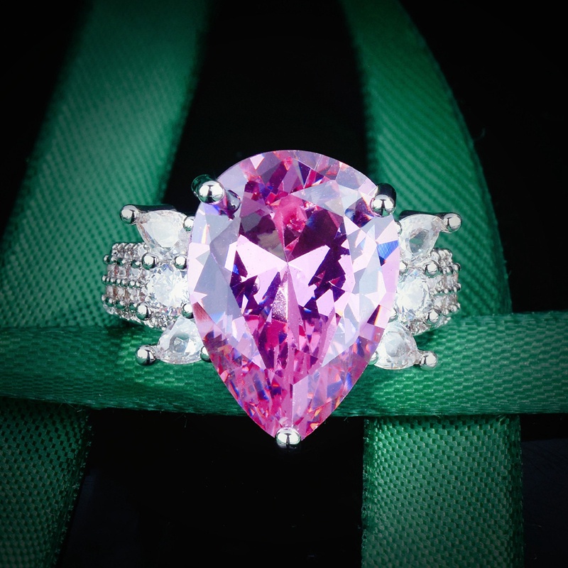 Cincin Bentuk Pir Hias Cubic Zirconia Warna Pink Model Minimalis Dapat Disesuaikan