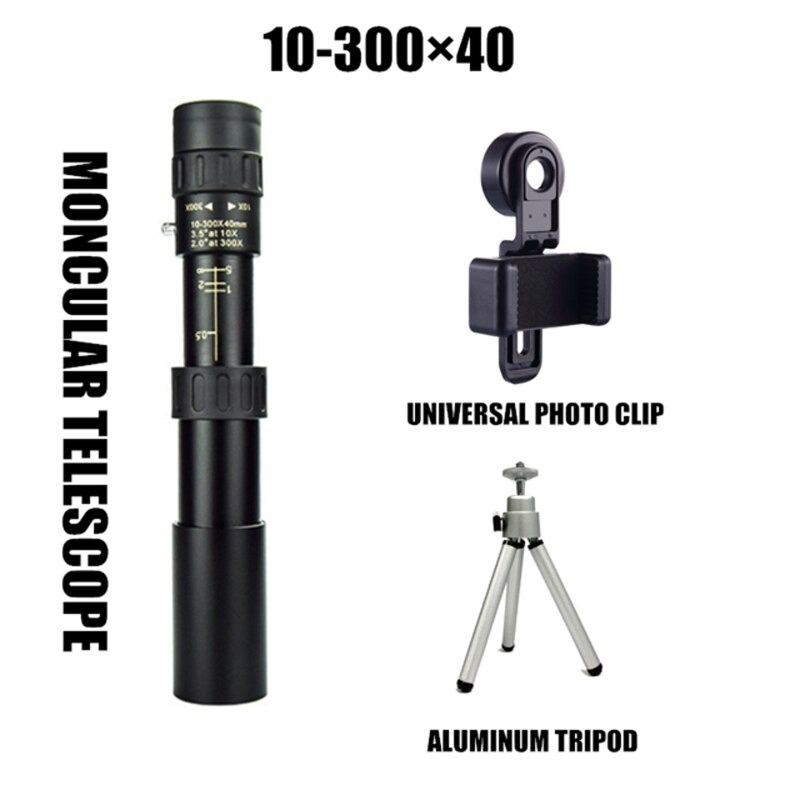 Teropong Monocular Telescope 10-300x40 Zoom with Tripod and Clip