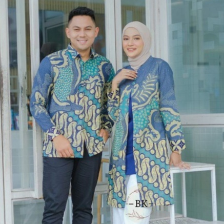 Batik Couple Atasan Lengan Panjang Tunik Wanita Bahan Katun Motif Biru Muda Seno Kanza M L XL XXL Ju