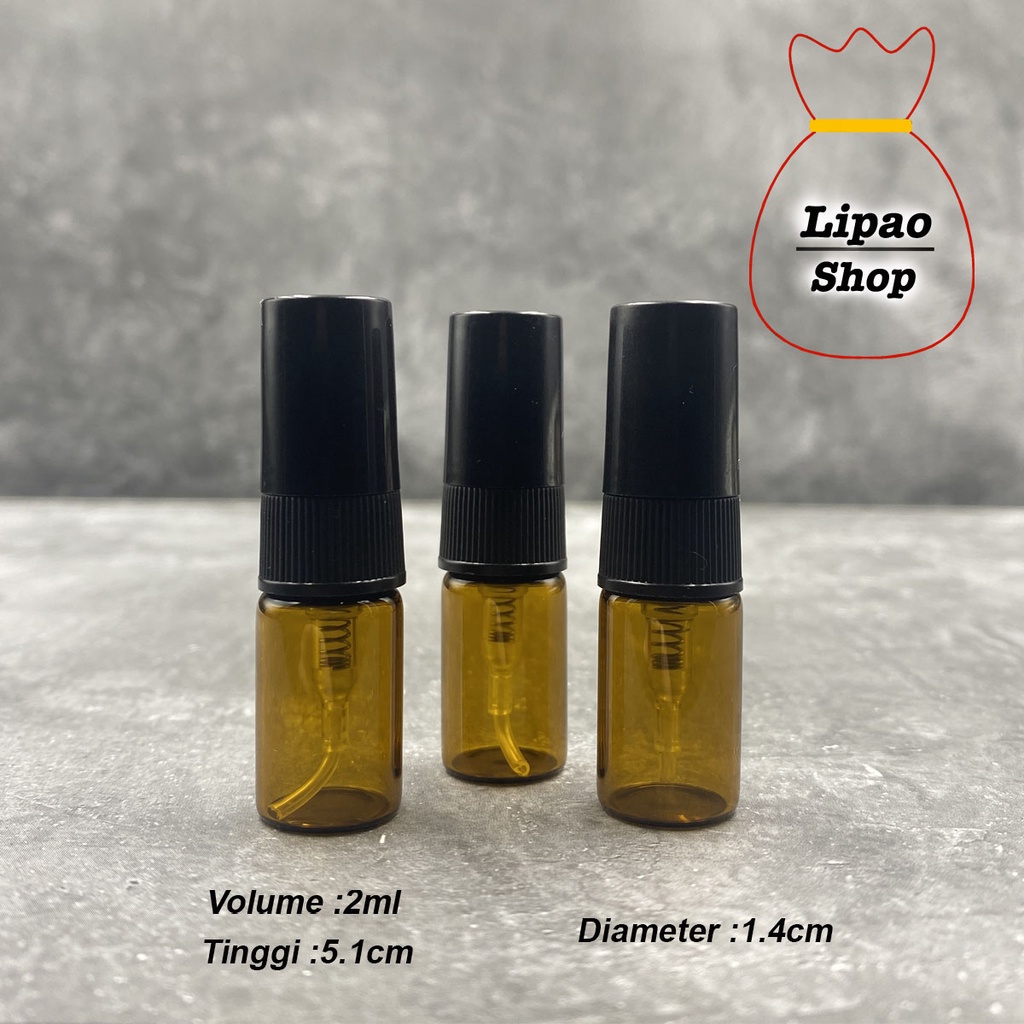 Botol Spray Kaca 2ml AMBER / Coklat - Refillable Travel Size Parfum Tutup HITAM - Atomizer Decant