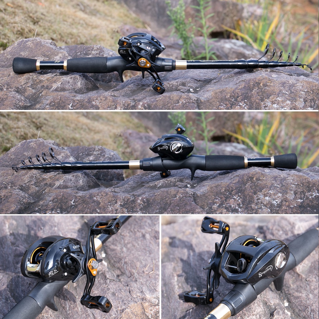 MURAH Fishing Set Portabel Carbon Fiber 1.8M 2.1M 2.4M Telescopic Fishing Rod Dan 6.3:1GR 12 + 1BB Fishing Casting Reel Kanan Kiri Menangani Untuk Air Tawar Memancing Set