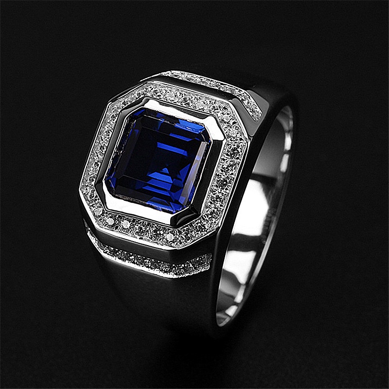 Cincin Perak Mewah Fashion Pria Cincin Tunangan Batu Permata Biru