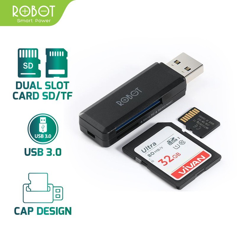 ROBOT CR102 USB 3.0 Cap Design with 2 Slot Card Reader Black