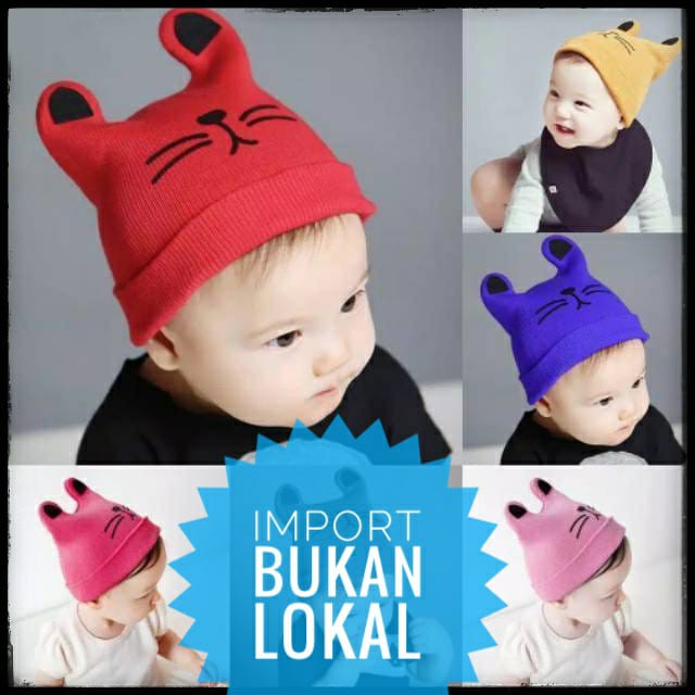 Topi Anak Laki Laki IMPORT Motif Kucing Wol Usia 6 bulan 1 2 3 Tahun Topi Anak Elastis Premium SALE