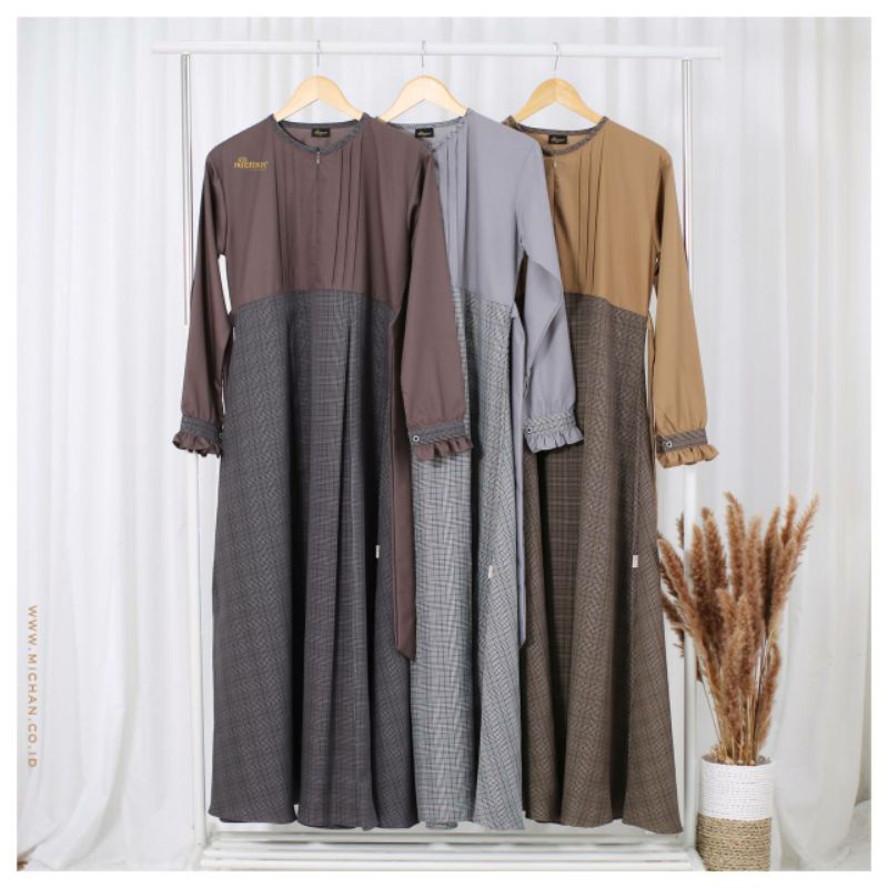 MALA DRESS MICHAN HIJAB ORI MALA SQUARE LINEN Gamis Motif Kotak Kotak Casual Syari
