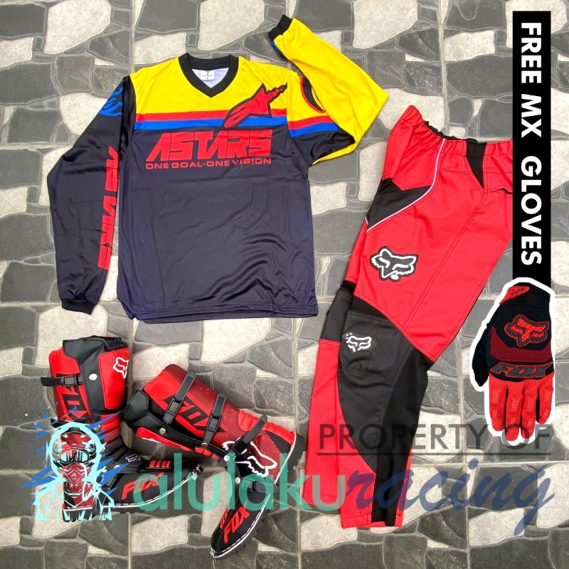 Jersey, Celana, Sarung Tangan &amp; Sepatu Fullprint with Protectors Fullset MX Trail Motocross - Paket Bundling ASCTFG040303-F43