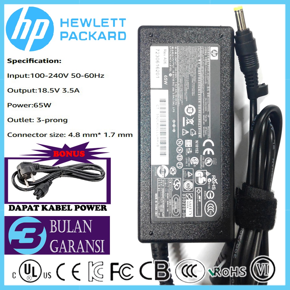 Adaptor Charger Casan ORI Laptop Hp Compaq Presario V3000 V3500 V3600 V3700 Pavilion DV2000 DV3000 DV2 DM3 CQ 500 510 515 520 18.5V 3.5A 65W