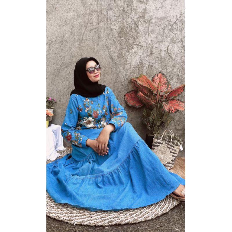 Maxi Jeans Gamis Jeans Wanita Busui Sha Sha Bunga