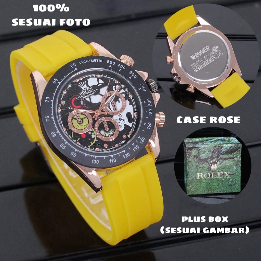 JAM TANGAN PRIA ROLEX TALI KARET RUBBER CHRONO OFF DAN TANGGAL AKTIF DIAMETER 4,5CM + BOX