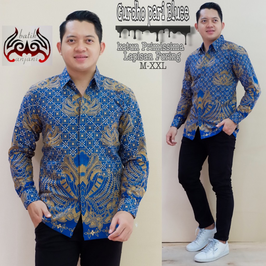 GURDHO PARI ANJANI BLUEE KEMEJA BAJU BATIK PRIA SOLO LENGAN PANJANG FULL FURING KATUN HALUS ATASAN BATIK PREMIUM MODERN RENJANI LAWASAN BAWARA BIRU DANURAJA PERWIRA BROWN RODA SURYA CENDRAWASIH BLUE PEKSI LAWASAN NOGO MERAH KAMANDANU GURDHO PARI BLUE BIMA