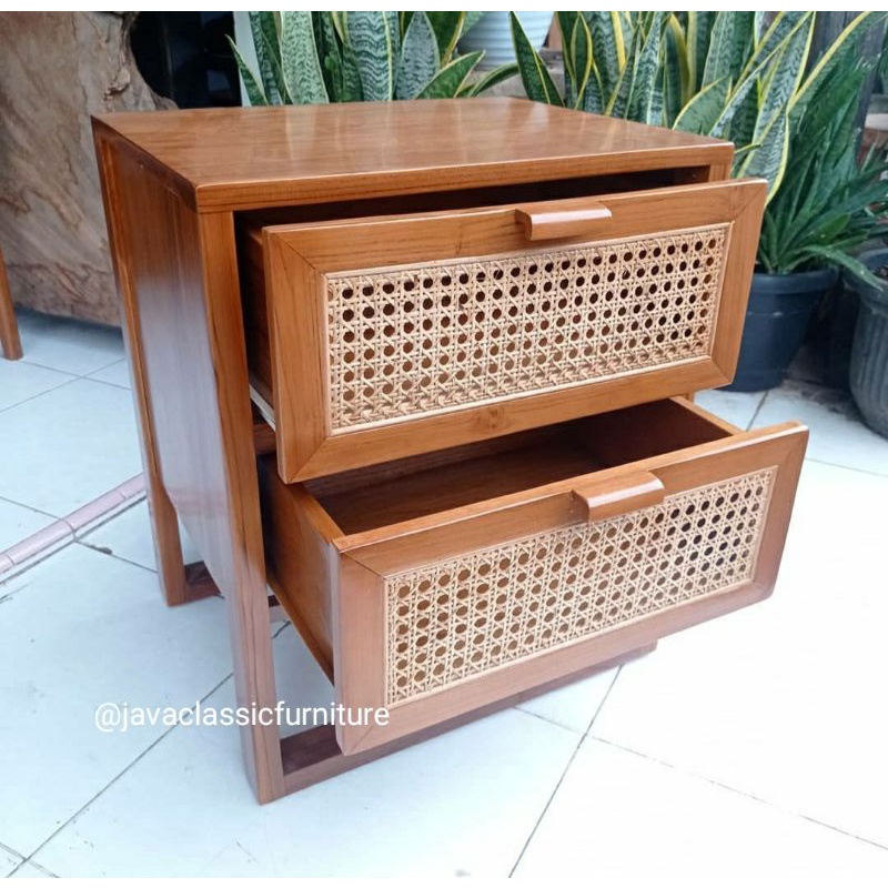 NAKAS RETRO ROTAN MINIMALIS PUK VINTAGE LACI 2 BAHAN KAYU JATI UKURAN 40x50x60cm-2