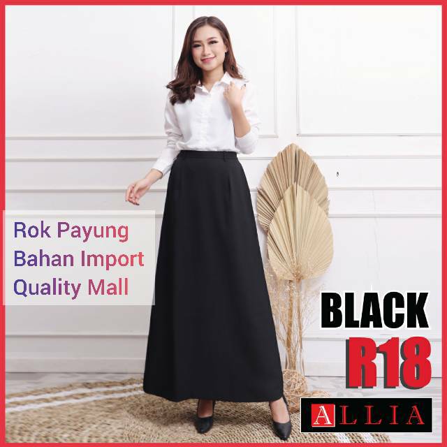 Rok A Line / ALLIA R18 Black M - 7L / Rok Payung Jumbo / Rok kerja Wanita