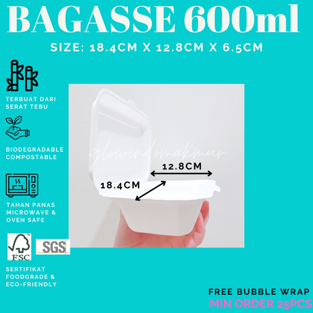 Bagasse Kotak 600ml Lunchbox Takeaway Sugarcane Serat Tebu ECO FRIENDLY