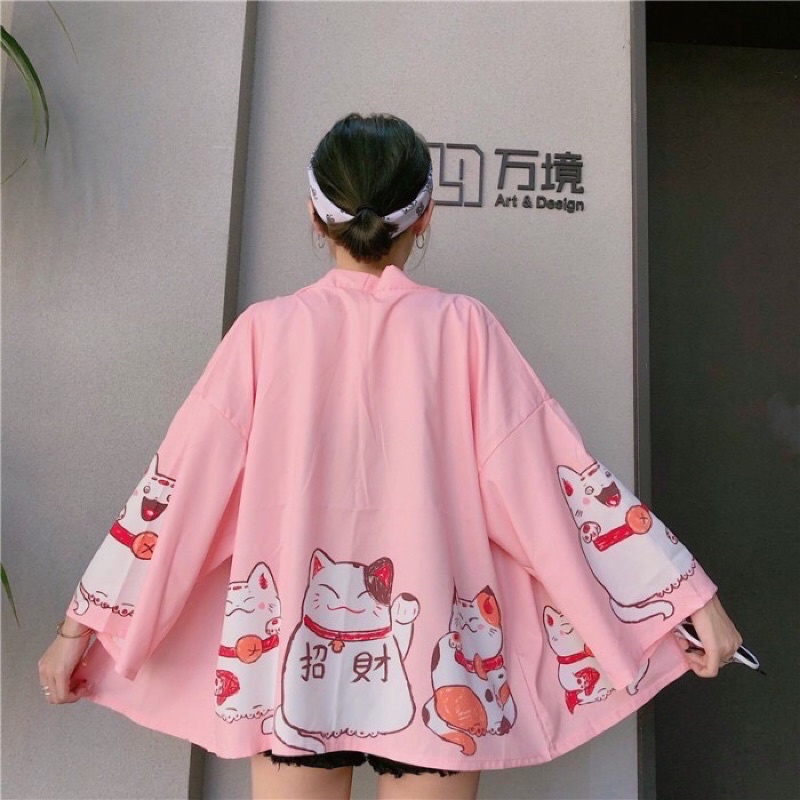 KIMONO CARDINGAN IMPORT WANITA JEPANG KOREA HAORI ORIGINAL KUCING CAT LUCU KY14