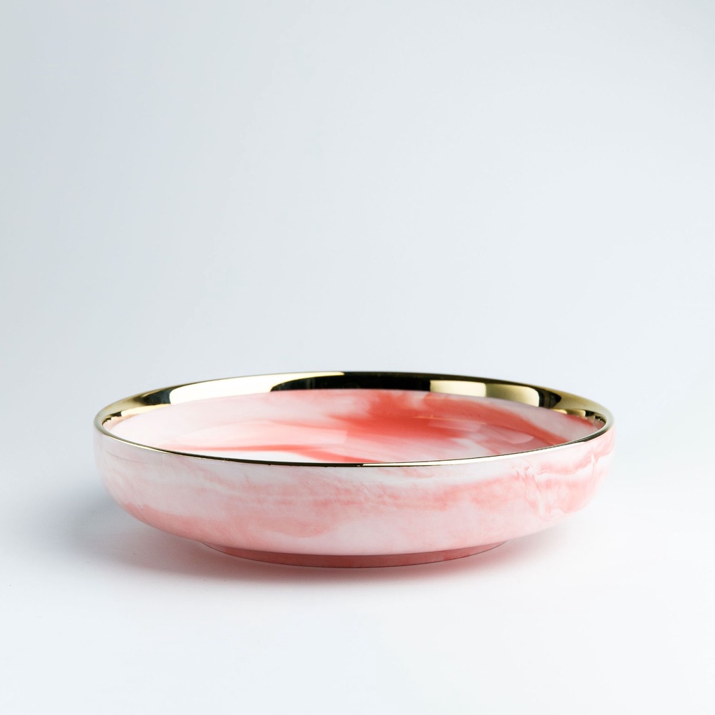 PIRING PINK MARBLE KERAMIK LIST EMAS ELEGAN/ PIRING KERAMIK PINK MOTIF MARMER LIST GOLD ELEGAN MEWAH-10 INCH DEEP PLATE