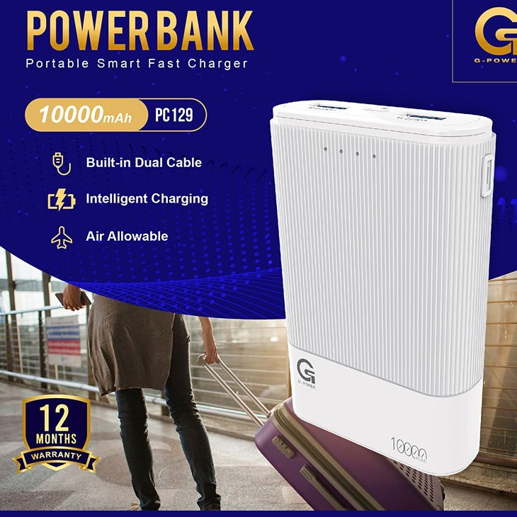 GPOWER POWERBANK PC129 10000mAh with BUILT-IN DUAL CABLE, INTELLIGENT CHARGING GARANSI 1 TAHUN