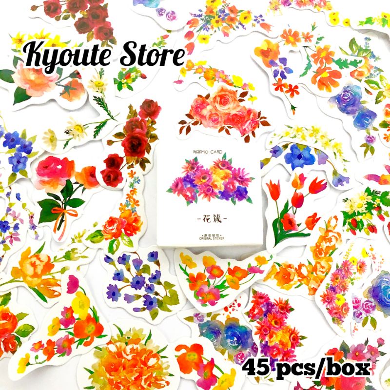 

45 pcs Sticker Dekorasi Colorful Watercolor Flower Bunga Scrapbook DIY Bujo Journal Seal Letter