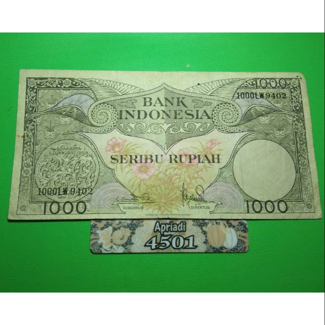 UK118 UANG KUNO ASLI 1000 RUPIAH SERI BUNGA/BURUNG TAHUN 1959 UANG LAMA KERTAS MAHAR NIKAH #VF02