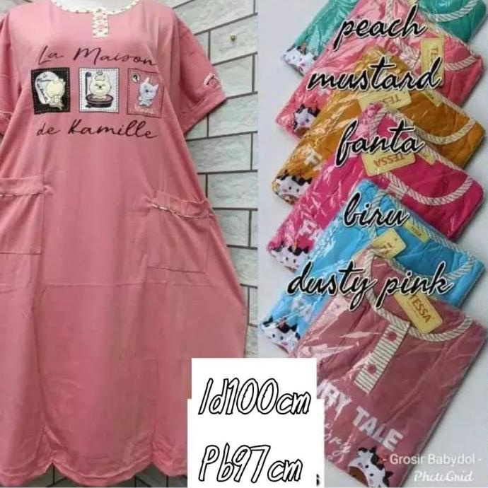 ☋ Daster Tessa Standar - Baju tidur Daster Kaos Tebel - Daster Bordir ➧