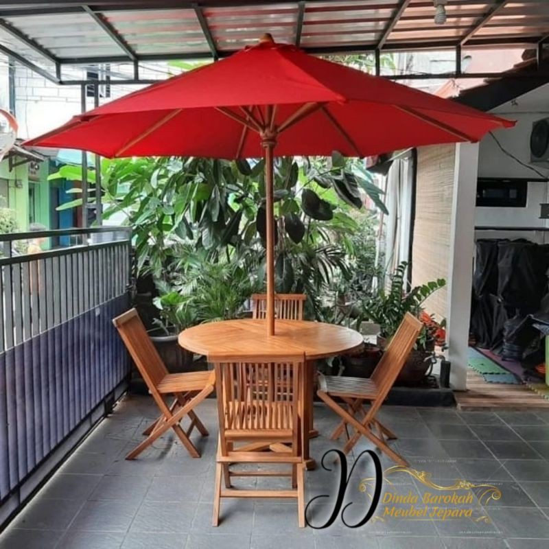 MEJA PAYUNG TAMAN KAYU JATI SET 4 KURSI, MEJA OUTDOR MINIMALIS BERKUALITAS