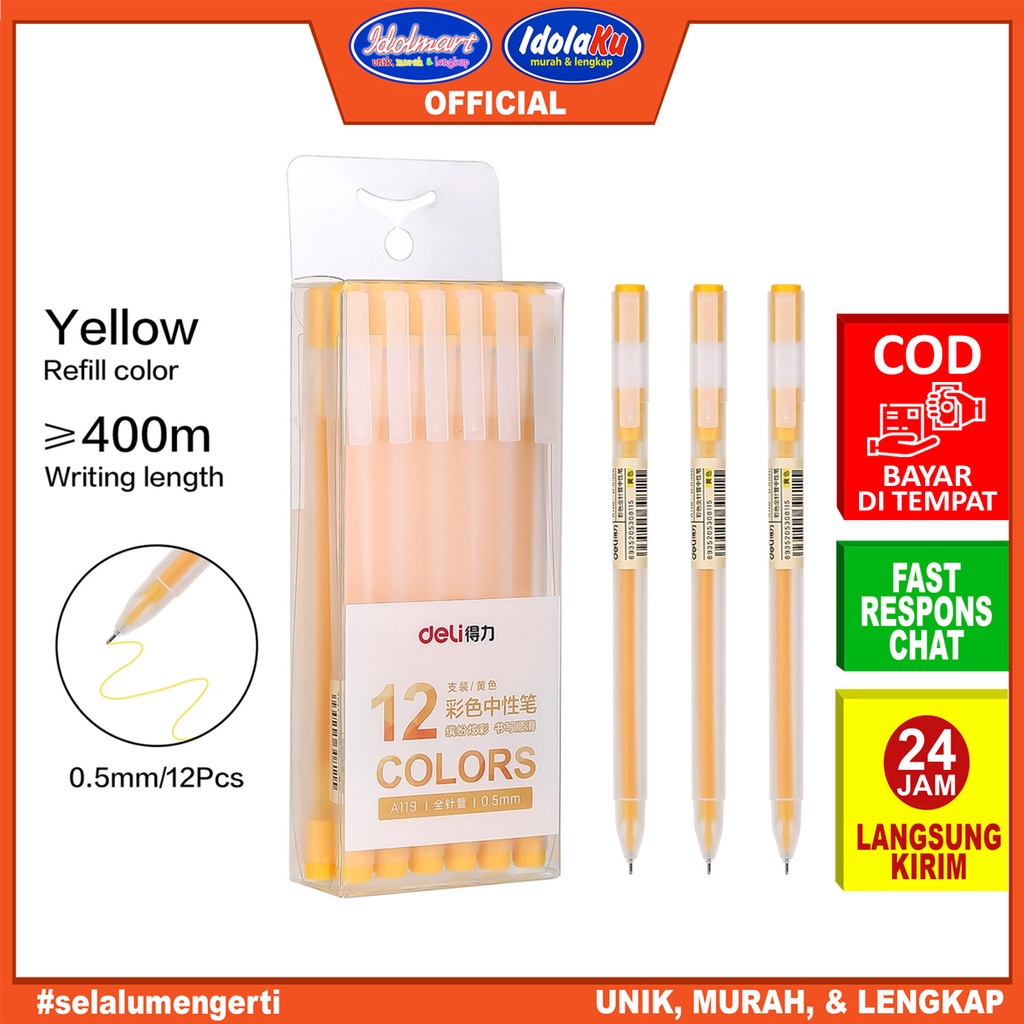 

IDOLMART Deli Pulpen Gel Pen A119 Kuning / Tip 0.5mm Panjang Penulisan Hingga 400m /pcs Deli Bandung