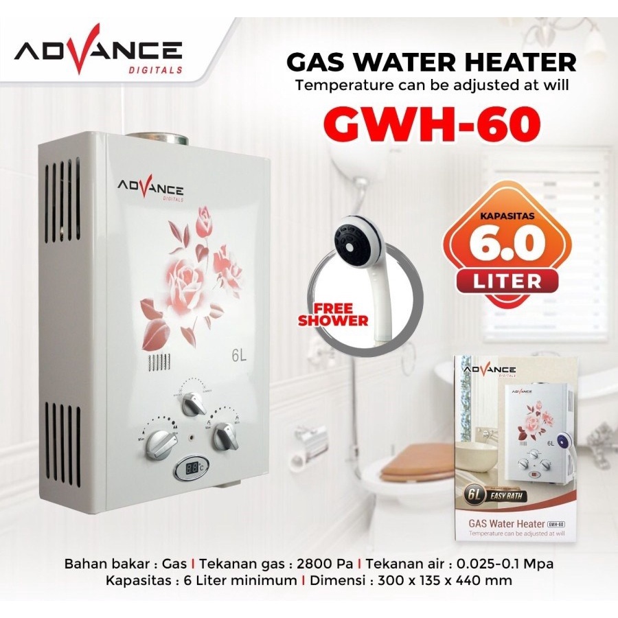 Water Heater Gas Advance GWH-60 Pemanas Air 6 Liter Digital Original-Garansi resmi