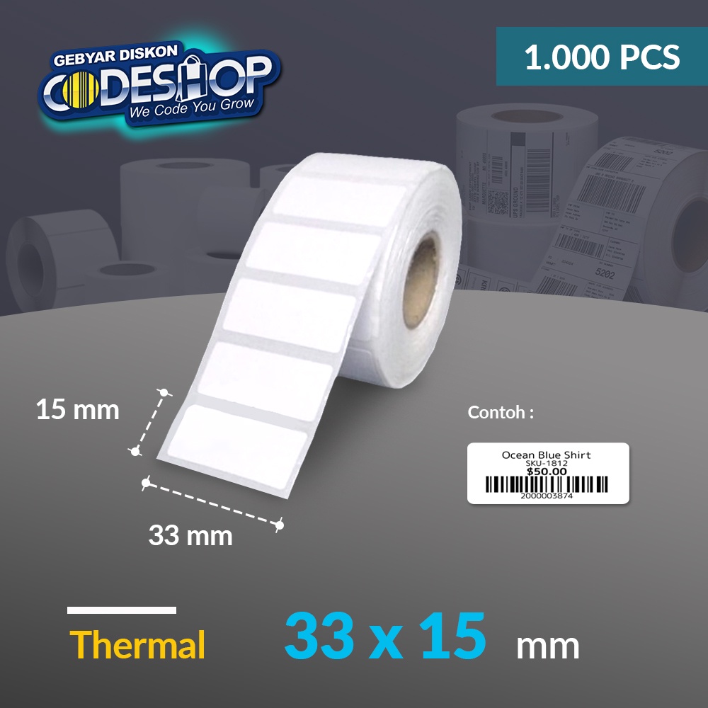 

Codeshop Label Thermal 33 x 15 mm 1 Line Stiker Printer Barcode Core 1 Inch isi 1000 Pcs