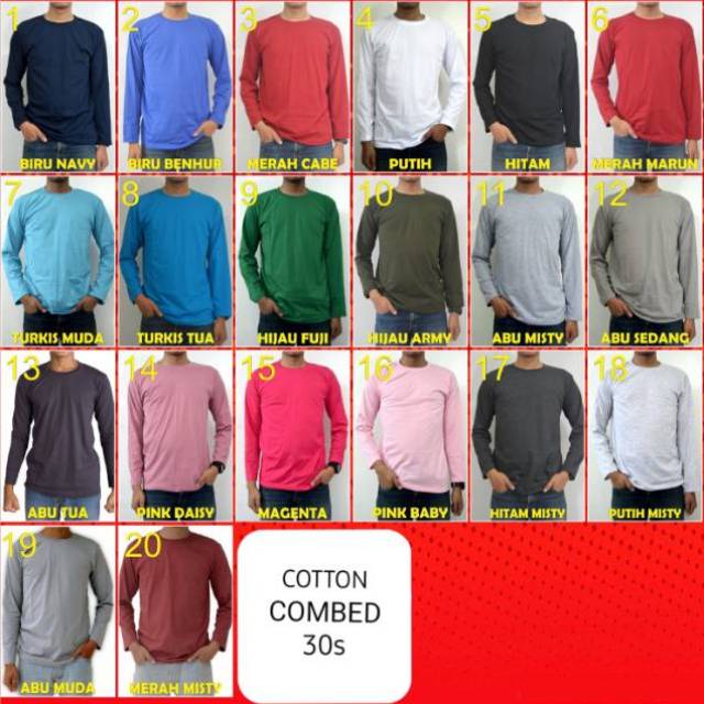 KAOS POLOS DEWASA TANGAN PANJANG COMBED 30s KAOS DEWASA PRIA WANITA BAJU POLOS MERAH PUTIH PINK