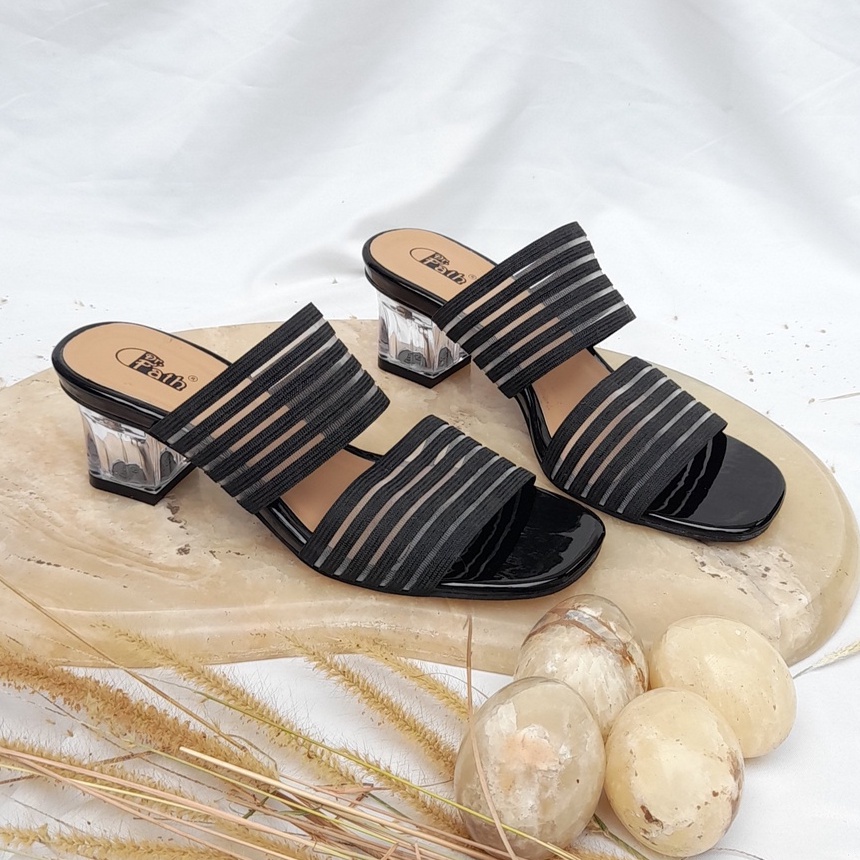 SW 99 Sandal Heels wanita Hak Kaca 5 cm Tali Karet AM-07