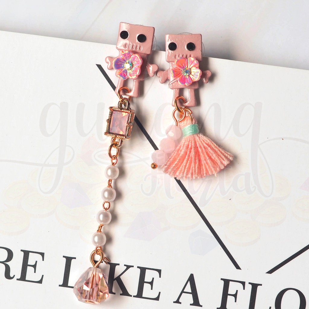 Anting Stud Panjang Pink Robot with Pearl Mutiara Asimetris Lucu Unik Cantik GH 203658