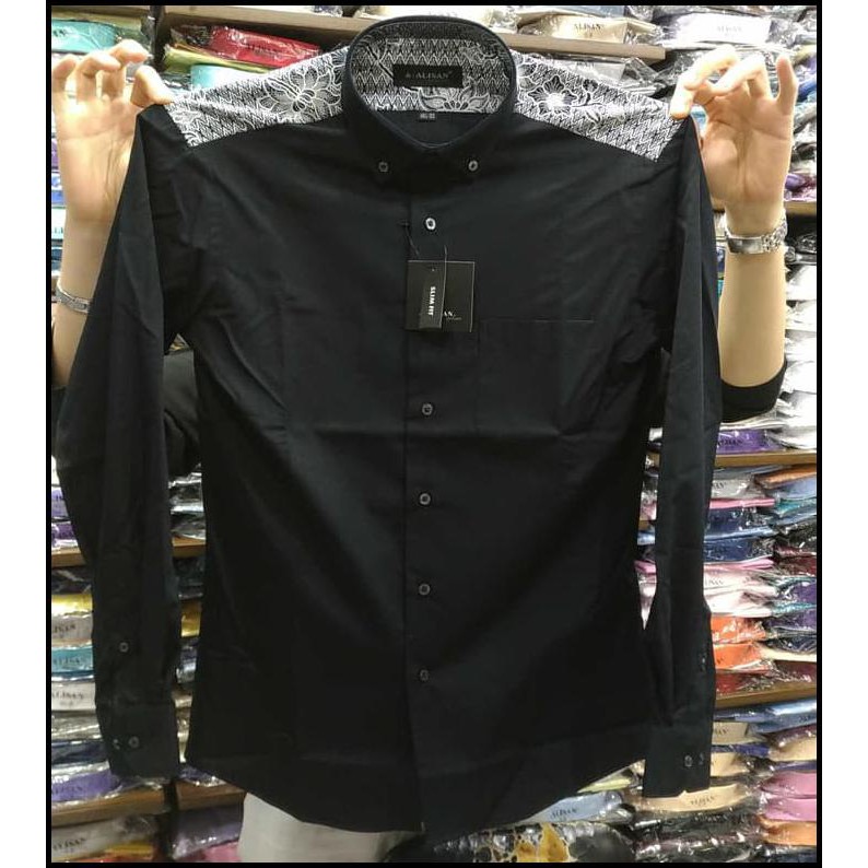 GRATIS ONGKIR KEMEJA PRIA ALISAN SLIMFIT PANJANG HITAM KOMBINASI PUNDAK BATIK - HITAM, L