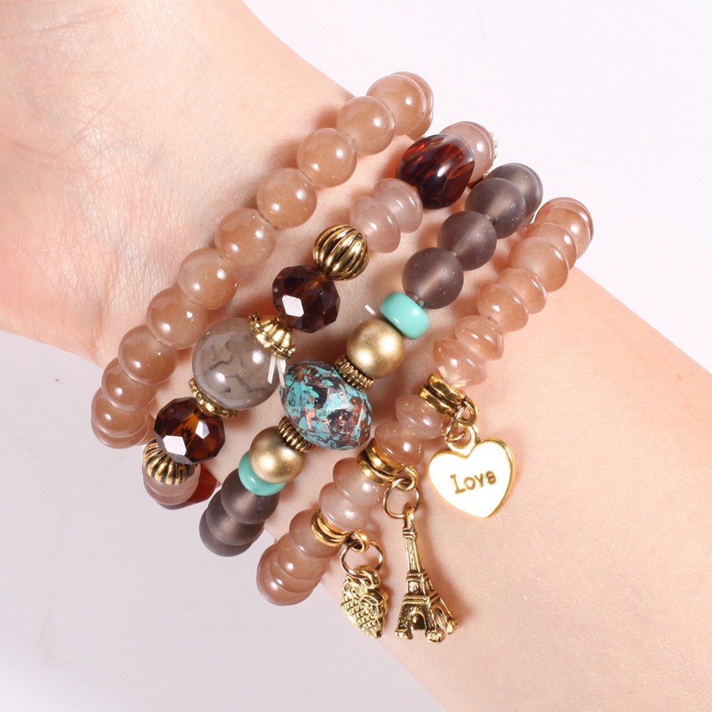 Hu Hu Hu Hu Hu Alat Bantu Pasang Kacamata♡ 4pcs / Set Gelang Tali Elastis Liontin Burung Hantu Menara Eiffel Gaya Bohemia Untuk Wanita