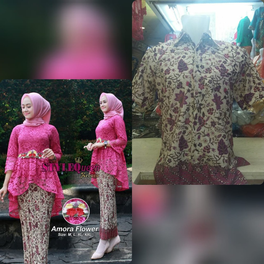 couple kebaya brukat flower dan hem pendek trend