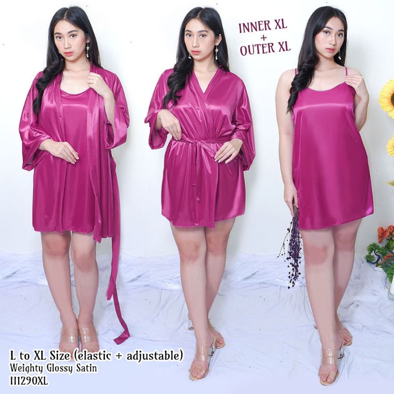 Kimono wanita sexy Big size jumbo 2in 1 Baju Tidur satin ungu 1290VSET_XL