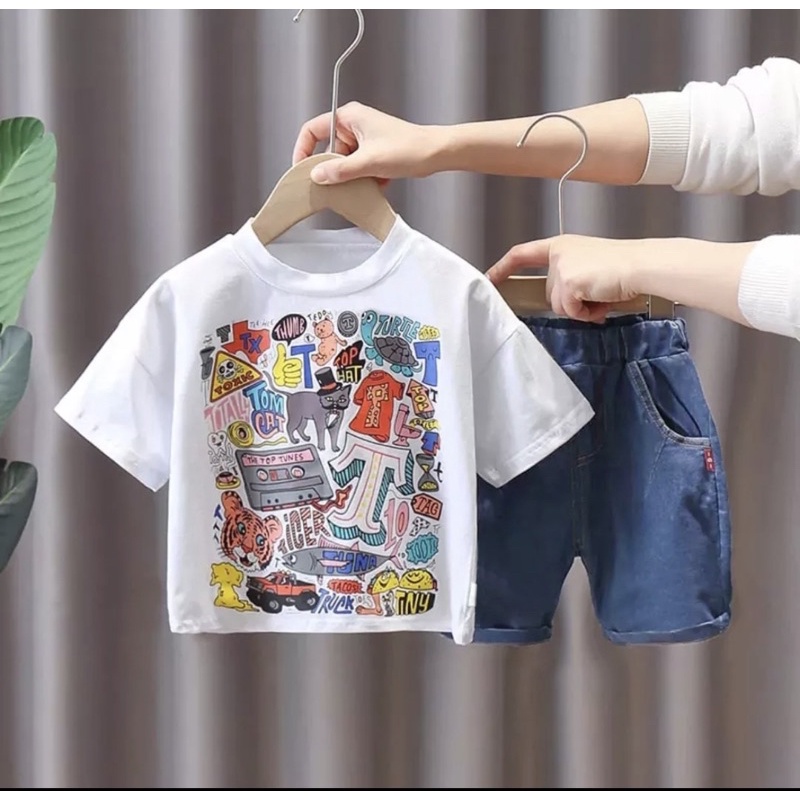 SETELAN TRENDY BAJU CELANA JEANS BAYI ANAK MOTIF MURAL GRAFITI DENIM USIA 6 BULAN-5 TAHUN BEST QUALITY TERBARU TERLARIS/ SETELAN TRENDY BAJU CELANA JEANS BAYI ANAK LAKI-LAKI/ SETELAN TRENDY BAJU CELANA JEANS BAYI ANAK PEREMPUAN/ BAJU ANAK TREND TERBARU