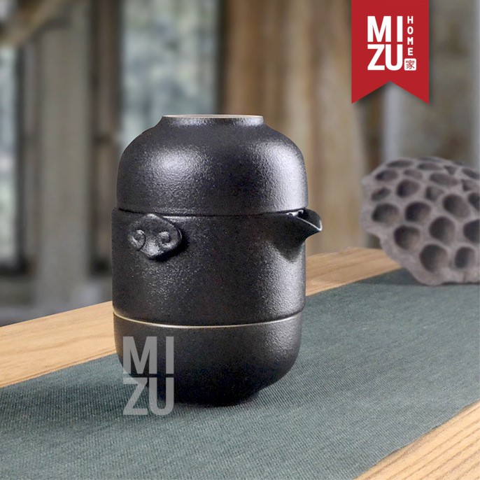 MIZU PENGUIN-CHA Dehua Ceramic Chinese Tea Travel Set Teko 2 Cangkir Carry Case-BLACK Hitam