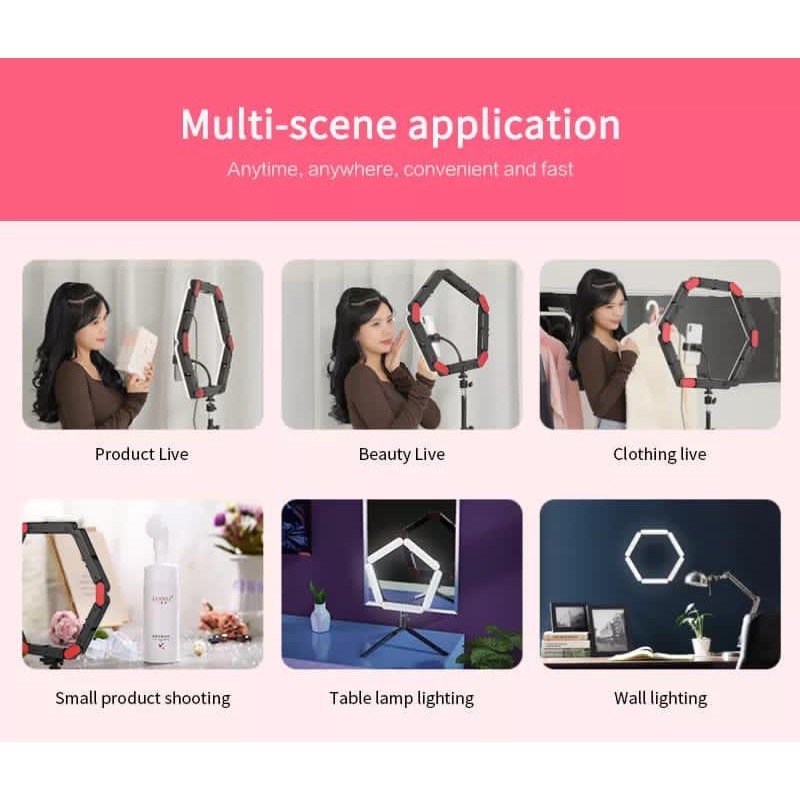 V8 - LED Foldable 6 Lampu / 16IN Selfie Make Up Ring Light