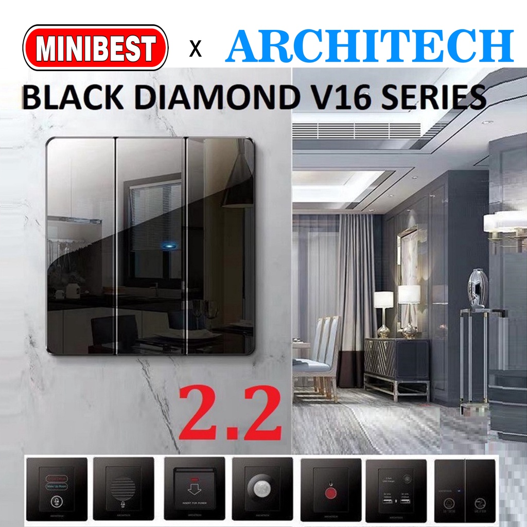 [MB] ARCHITECH V16 DIAMOND Black Lampu Stop kontak SakLAR HOTEL DAN RUMAH