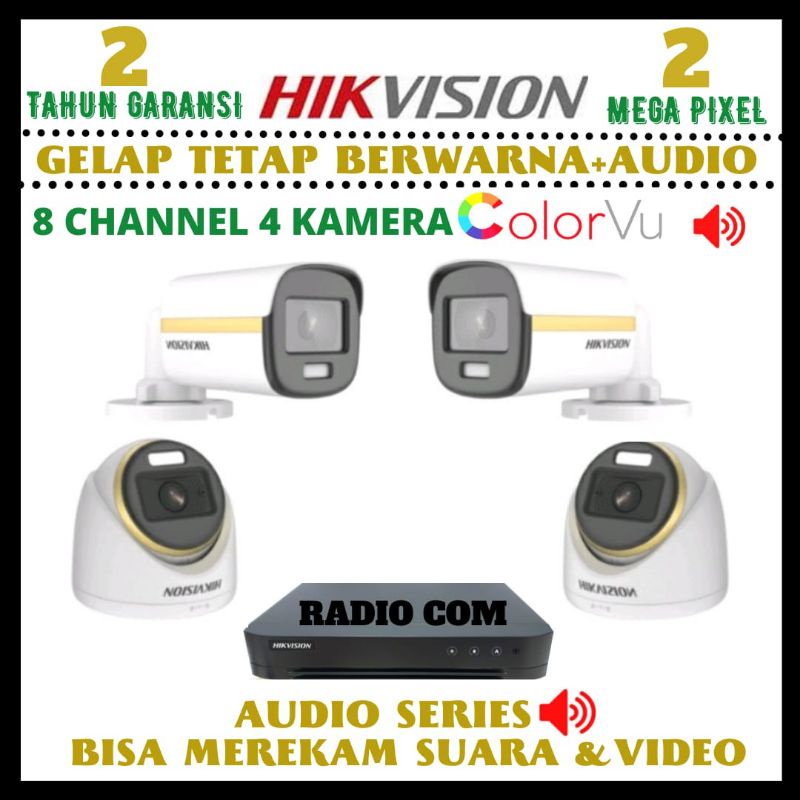 PAKET CCTV HIKVISION COLORVU 2MP 8 CHANNEL 4 KAMERA SIANG MALAM BERWARNA+AUDIO SERIES