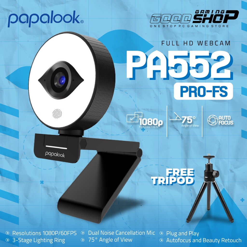 PAPALOOK Webcam 1080P 60FPS Auto Focus, Microphone Tripod -PA552Pro-FS