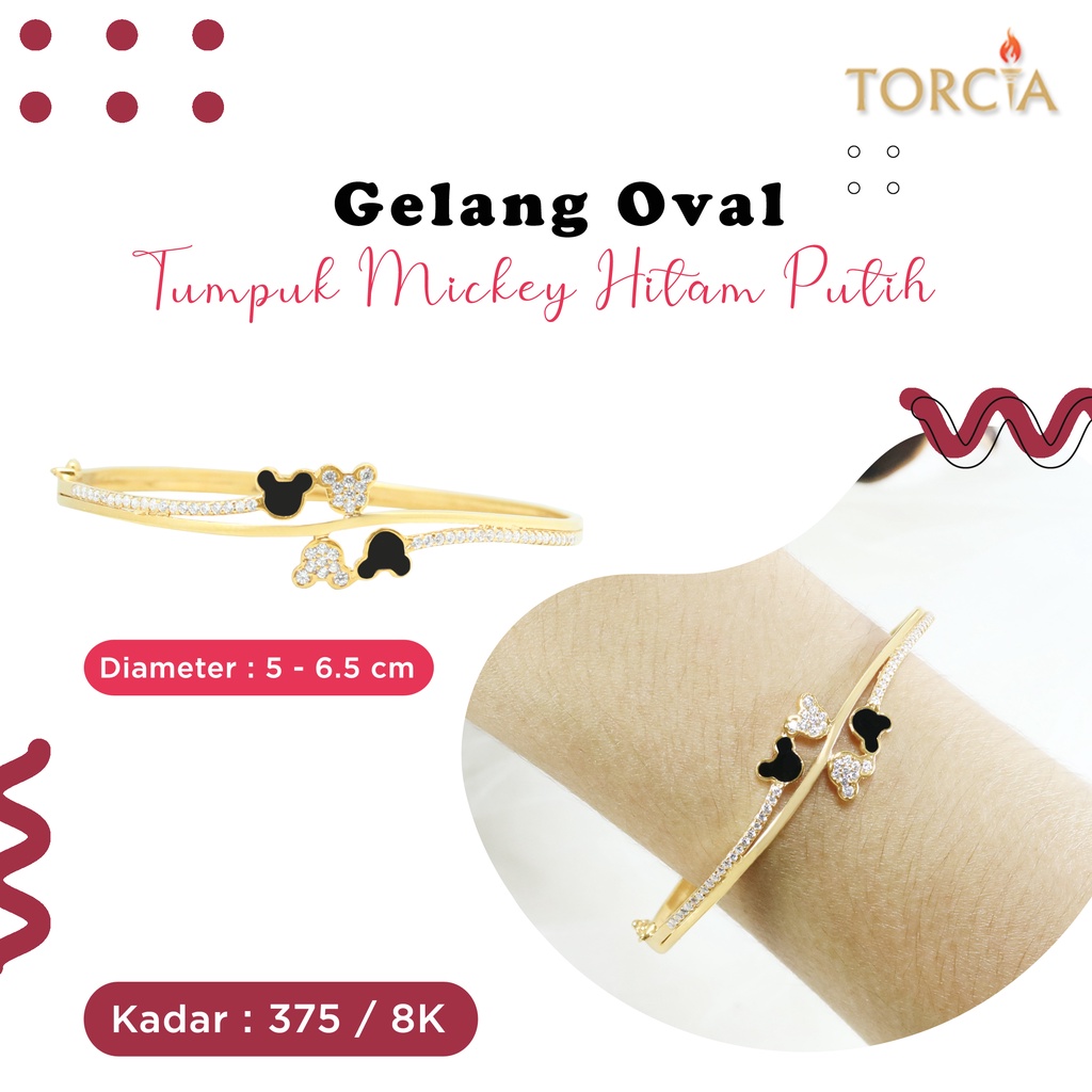 Gelang Oval Emas Asli Tumpuk Mickey Hitam Putih Kadar 375 Torcia