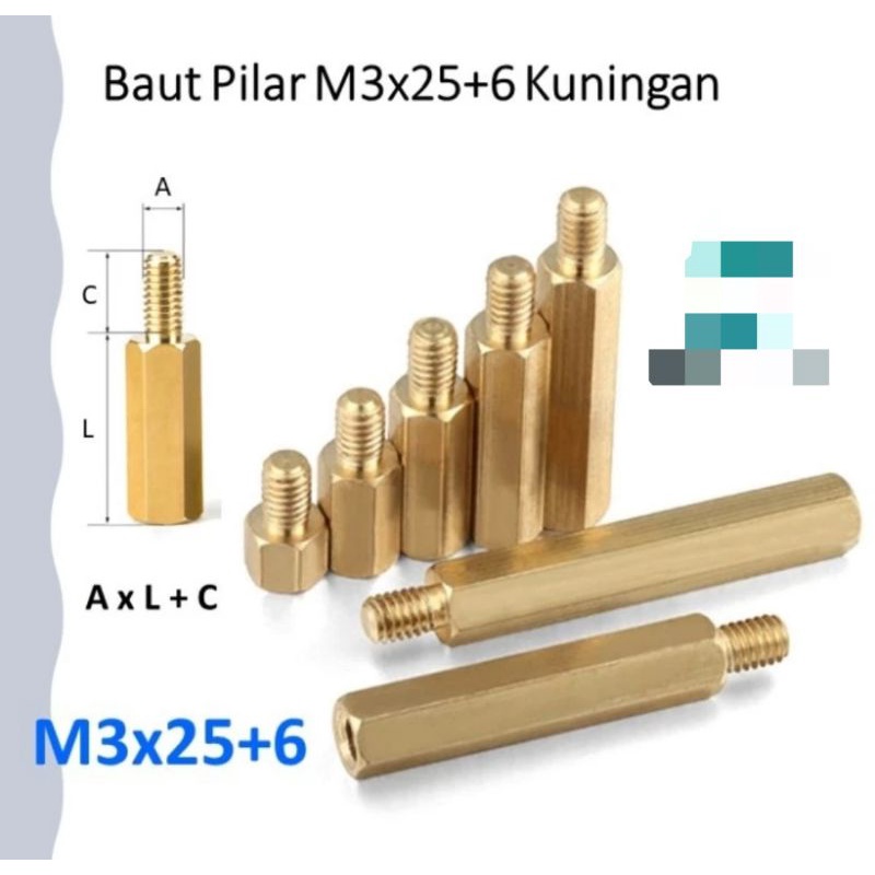 Baut Pilar Kuningan M3x25+6 standoff spacer 25mm male female