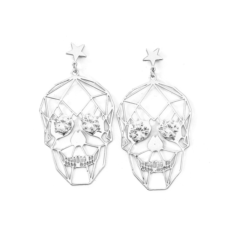 Fancyqube Anting Menjuntai Desain Wajah Tengkorak Halloween Warna Emas Untuk Wanita