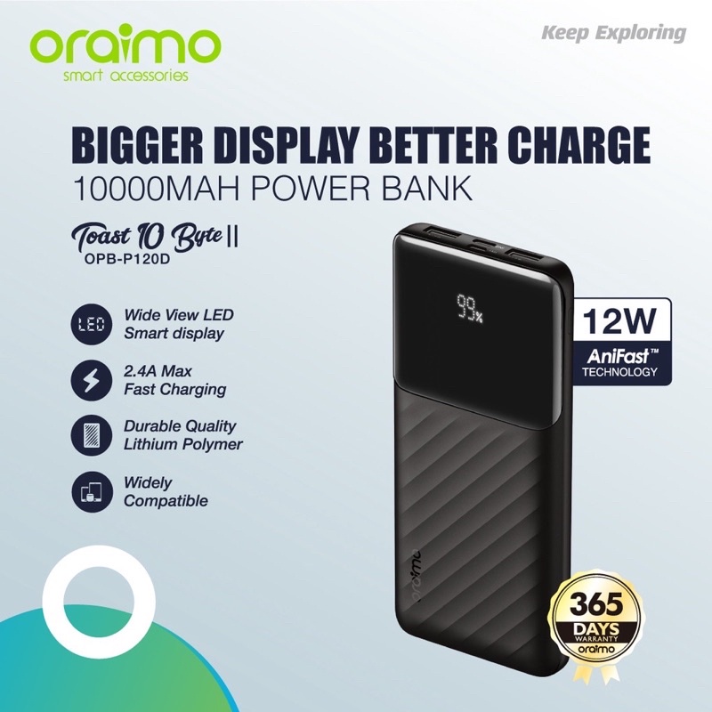 Oraimo OPB-P120D Toast 10 Byte LED Display Powerbank 10000mAh Dual USB Fast Charging - Garansi 1 tahun