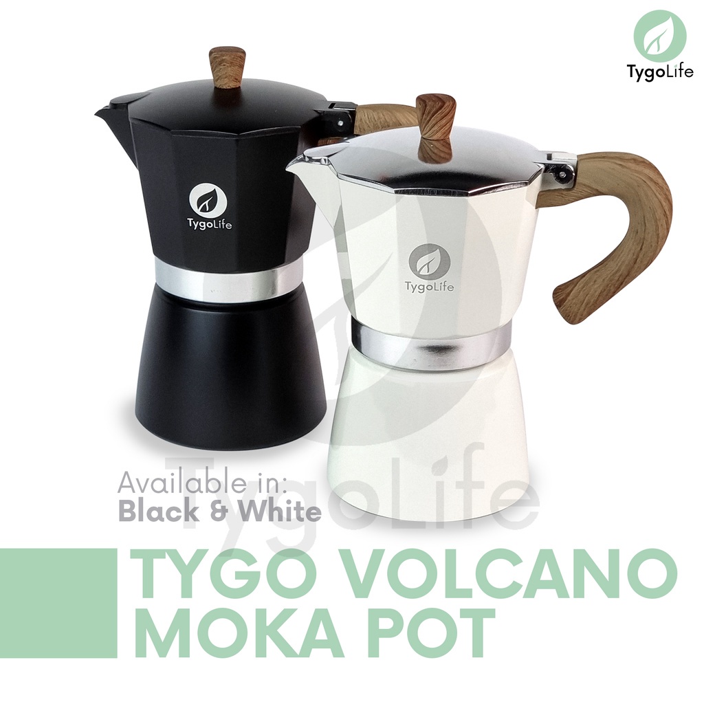 TYGO VOLCANO MOKA POT  6 CUP COFFEE ESPRESSO MAKER 300ML ALUMINIUM KAYU