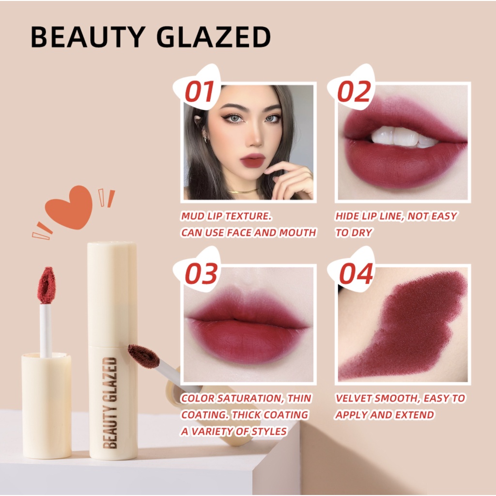 Beauty Glazed White Chocolate Silky Lip Glaze Lipstick Matte Lip Smooth Gloss Longlasting Waterproof Lipstik Coklat Original BG002